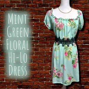 Off Shoulder Mint Green Floral Hi-Lo Dress w/Black Embroidery Accenting Waist